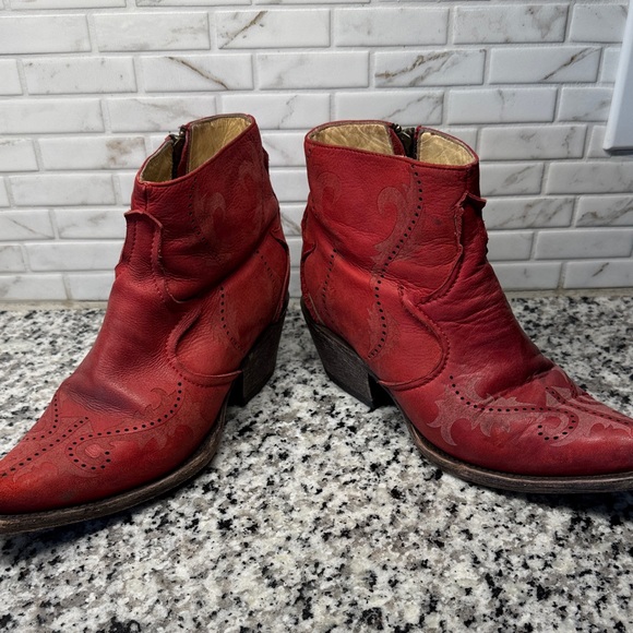Women's Red Leather Western Ankle Booties - Stylish Embossed Design - Picture 7 of 16